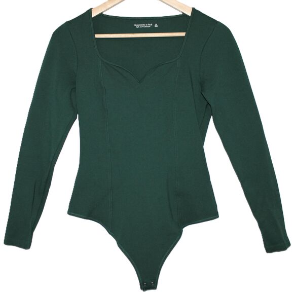 Womens Abercrombie & Fitch Soft AF Green Square Neck Long Sleeve Bodysuit Size M - Picture 1 of 6